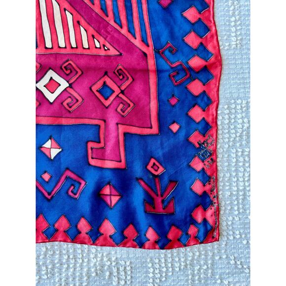 Vintage Silk Scarf Hand Painted Abstract Horse Blue Red 16" Geometric - Picture 2 of 8